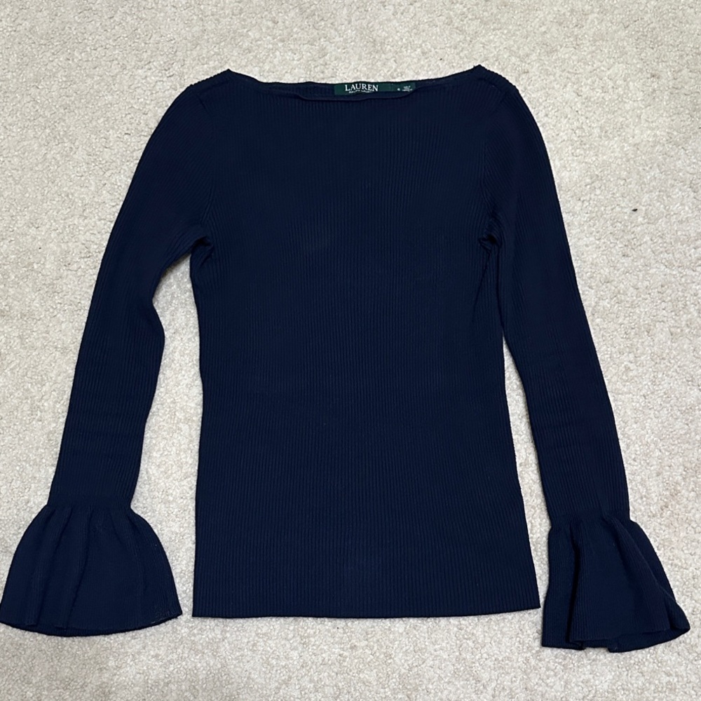 Lauren Ralph Lauren Navy Ribbed Long-Sleeve Top with Flared Cuffs